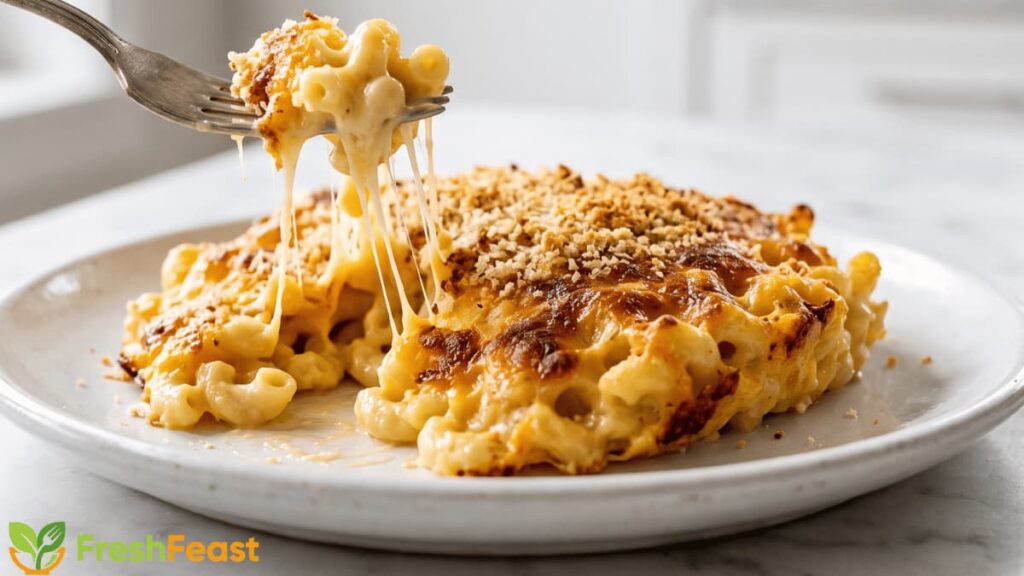 Creamy baked mac and cheese with a crispy golden cheese topping served on a white plate.