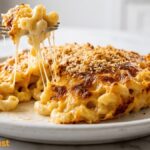 Creamy baked mac and cheese with a crispy golden cheese topping served on a white plate.