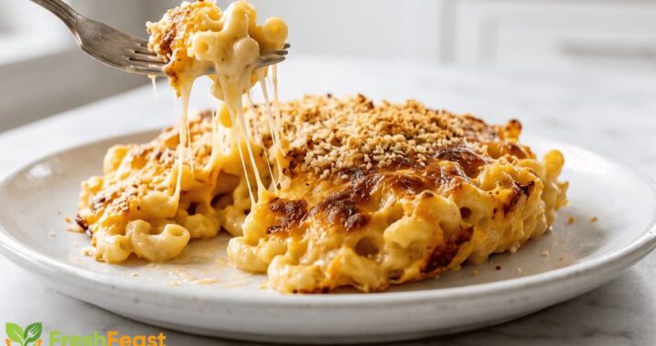Creamy baked mac and cheese with a crispy golden cheese topping served on a white plate.