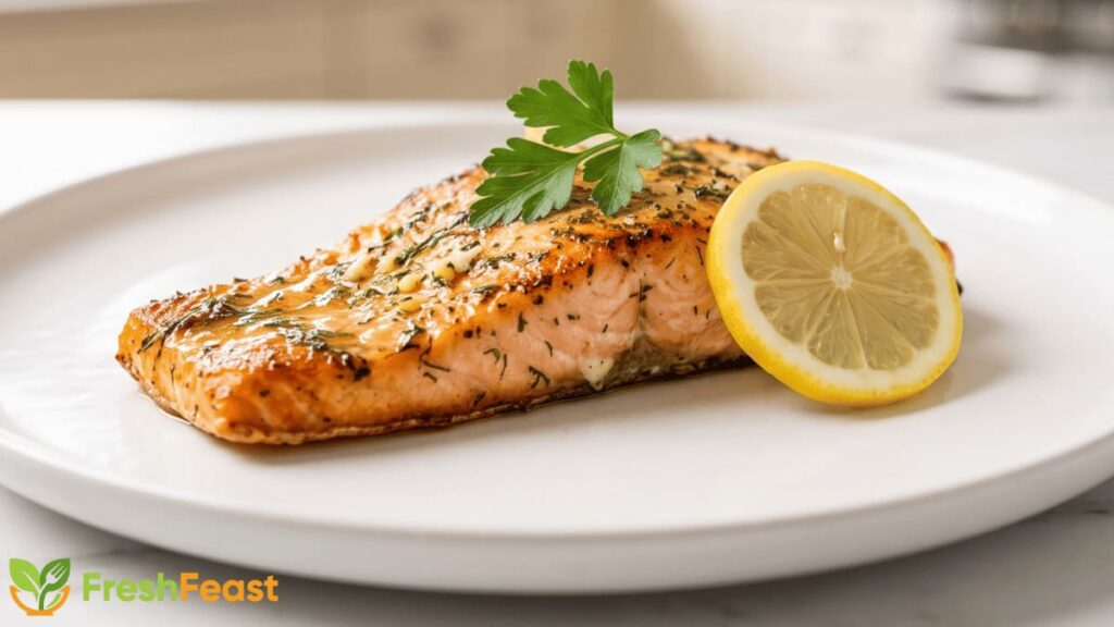 Perfectly baked salmon fillet with a golden garlic butter glaze, lemon slice, and fresh parsley served on a white plate.