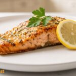 Perfectly baked salmon fillet with a golden garlic butter glaze, lemon slice, and fresh parsley served on a white plate.