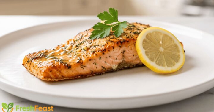 Perfectly baked salmon fillet with a golden garlic butter glaze, lemon slice, and fresh parsley served on a white plate.