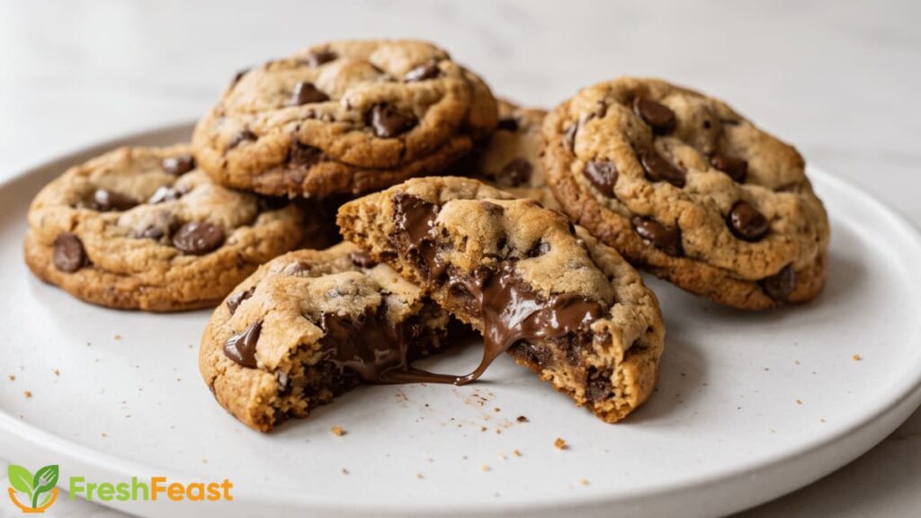 Freshly baked soft and chewy chocolate chip cookies with gooey melted chocolate chips served on a white ceramic plate.