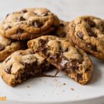Freshly baked soft and chewy chocolate chip cookies with gooey melted chocolate chips served on a white ceramic plate.