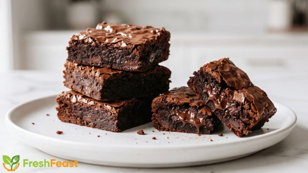 Homemade fudgy brownies with crackly tops and rich chocolate centers served on a white plate.