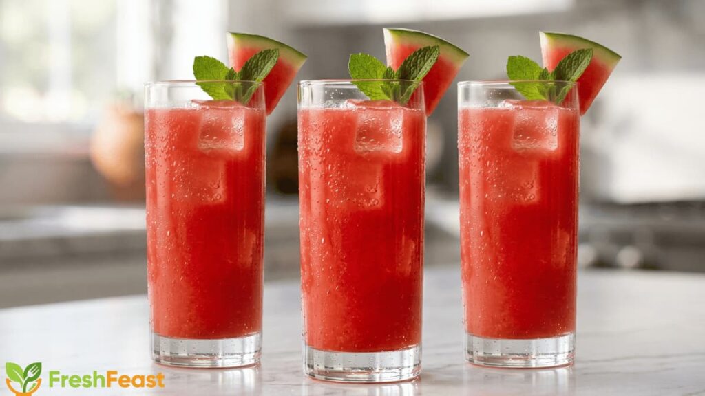 Fresh homemade watermelon juice in a clear glass with ice cubes and a mint garnish on a white marble countertop.