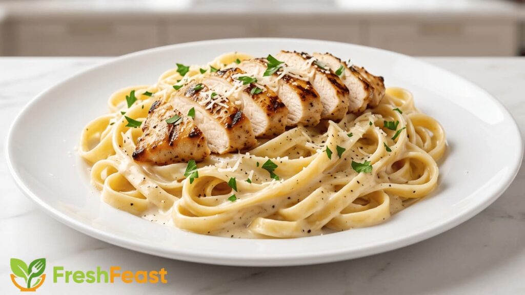 Creamy Chicken Alfredo Pasta with grilled chicken slices, Parmesan cheese, and parsley served on a white plate.