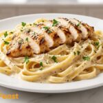 Creamy Chicken Alfredo Pasta with grilled chicken slices, Parmesan cheese, and parsley served on a white plate.