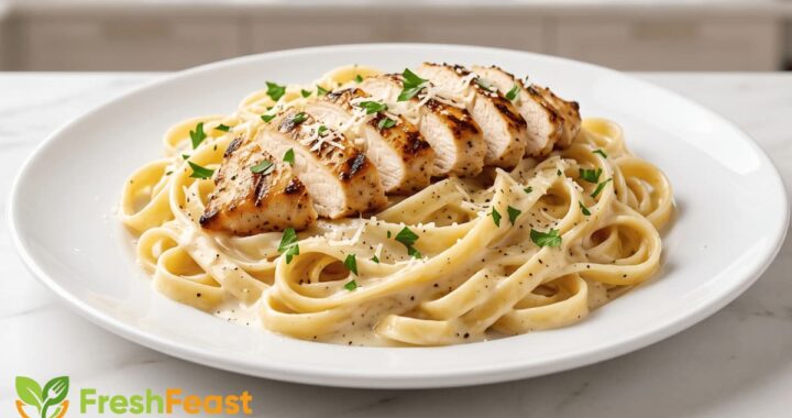 Creamy Chicken Alfredo Pasta with grilled chicken slices, Parmesan cheese, and parsley served on a white plate.
