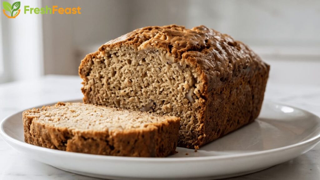 Freshly baked homemade banana bread with a golden crust and moist sliced interior served on a white plate.