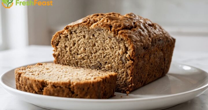 Freshly baked homemade banana bread with a golden crust and moist sliced interior served on a white plate.