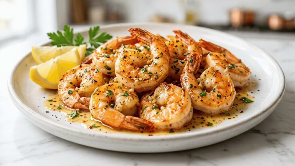 Garlic butter shrimp served on a white plate with a rich buttery garlic sauce, fresh parsley, and lemon wedges.