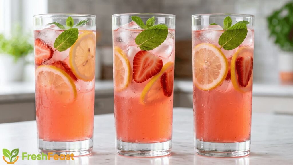 Refreshing homemade strawberry lemonade served in a tall glass with fresh strawberry slices, lemon slices, ice cubes, and mint leaves.