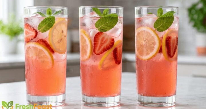 Refreshing homemade strawberry lemonade served in a tall glass with fresh strawberry slices, lemon slices, ice cubes, and mint leaves.