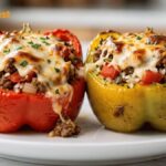 Homemade stuffed bell peppers filled with seasoned ground beef, rice, vegetables, and melted cheese served on a white plate.