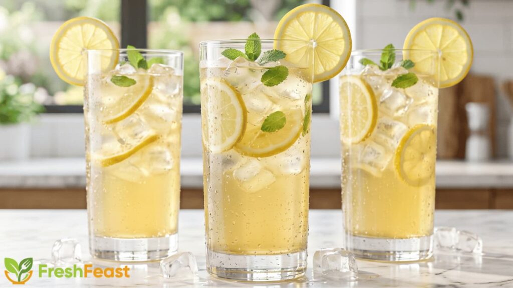 Fresh homemade lemonade served in a clear glass with lemon slices, mint leaves, and ice cubes on a white marble countertop.