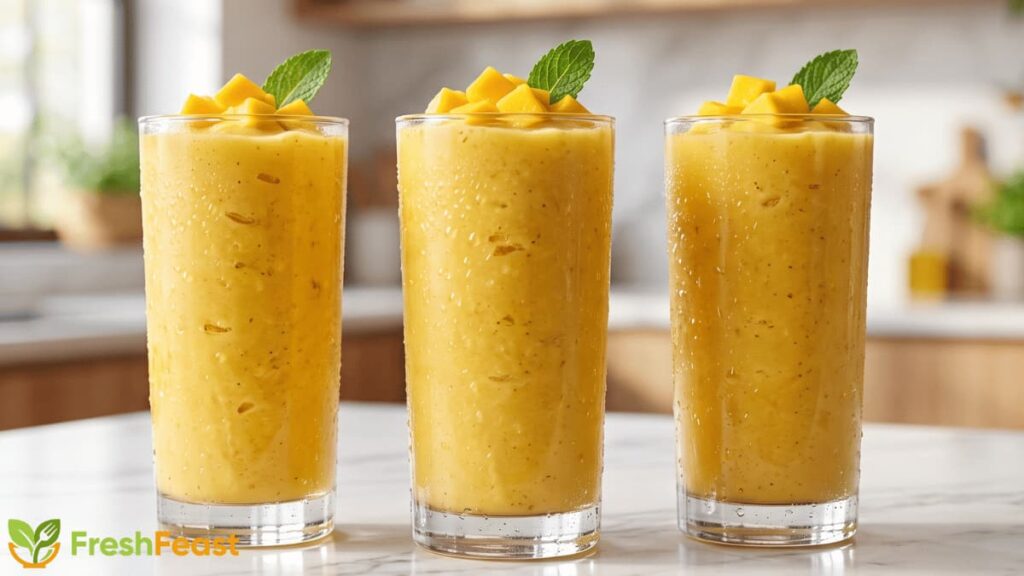 Fresh homemade mango smoothie in a clear glass with a creamy texture, topped with mango cubes and mint on a white marble countertop.