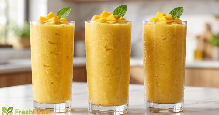 Fresh homemade mango smoothie in a clear glass with a creamy texture, topped with mango cubes and mint on a white marble countertop.