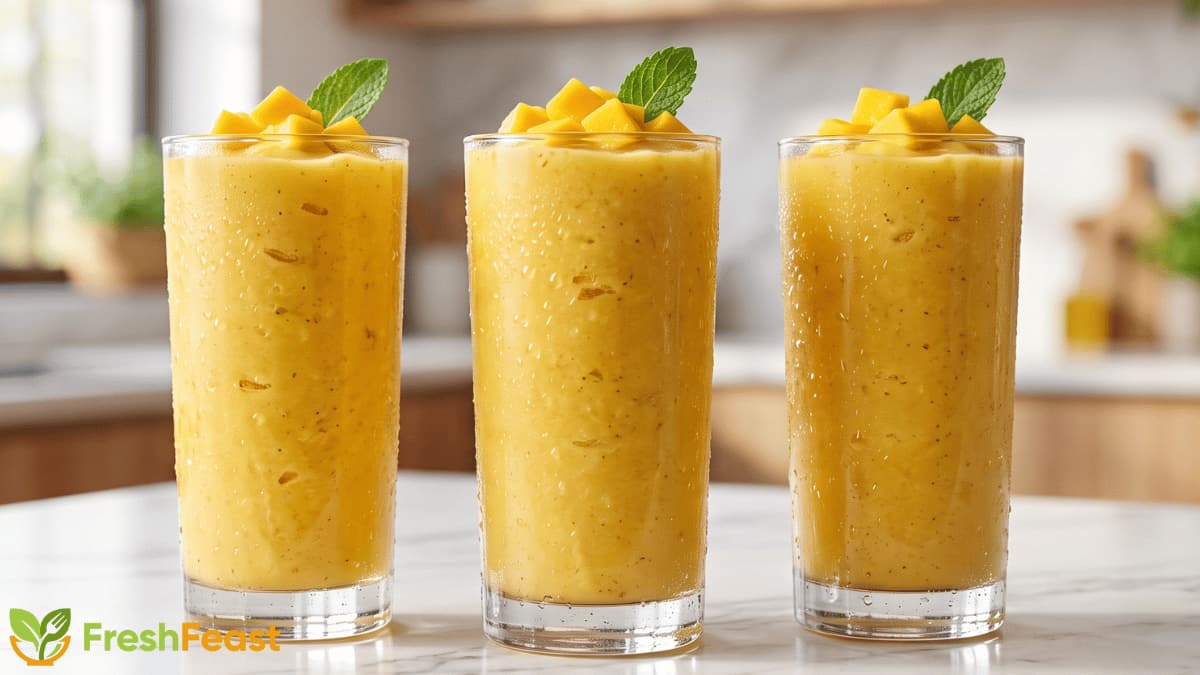 Fresh homemade mango smoothie in a clear glass with a creamy texture, topped with mango cubes and mint on a white marble countertop.