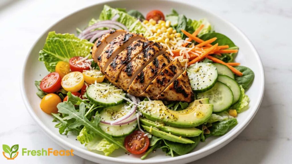 Healthy grilled chicken salad with sliced grilled chicken breast, fresh lettuce, cherry tomatoes, cucumber, avocado, and mixed vegetables served on a white plate.