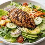 Healthy grilled chicken salad with sliced grilled chicken breast, fresh lettuce, cherry tomatoes, cucumber, avocado, and mixed vegetables served on a white plate.