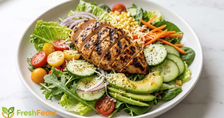 Healthy grilled chicken salad with sliced grilled chicken breast, fresh lettuce, cherry tomatoes, cucumber, avocado, and mixed vegetables served on a white plate.