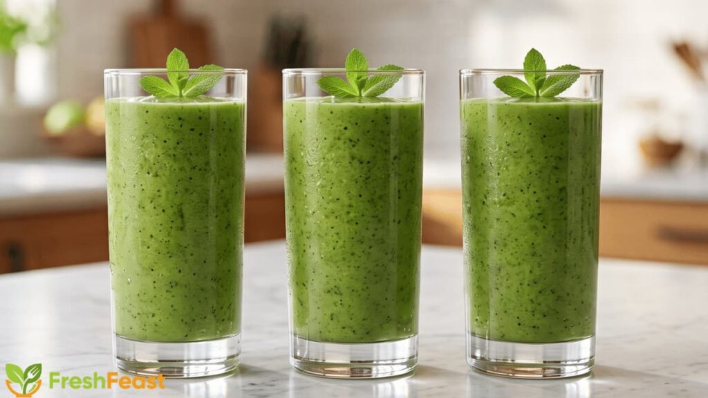 Healthy green smoothie in a clear glass made with spinach, banana, avocado, and kiwi, served on a white marble countertop.