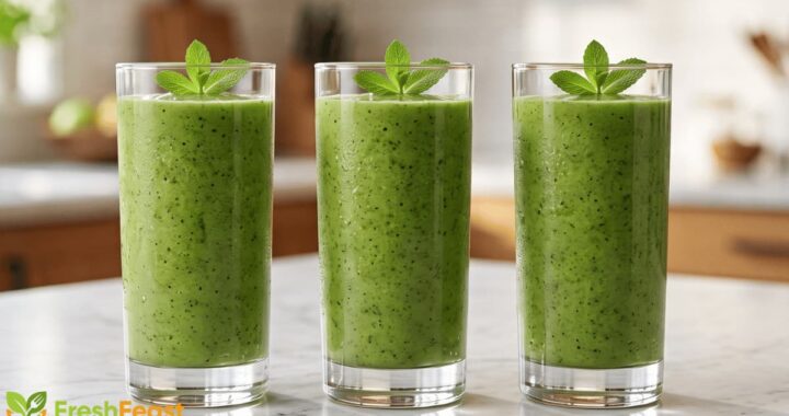 Healthy green smoothie in a clear glass made with spinach, banana, avocado, and kiwi, served on a white marble countertop.