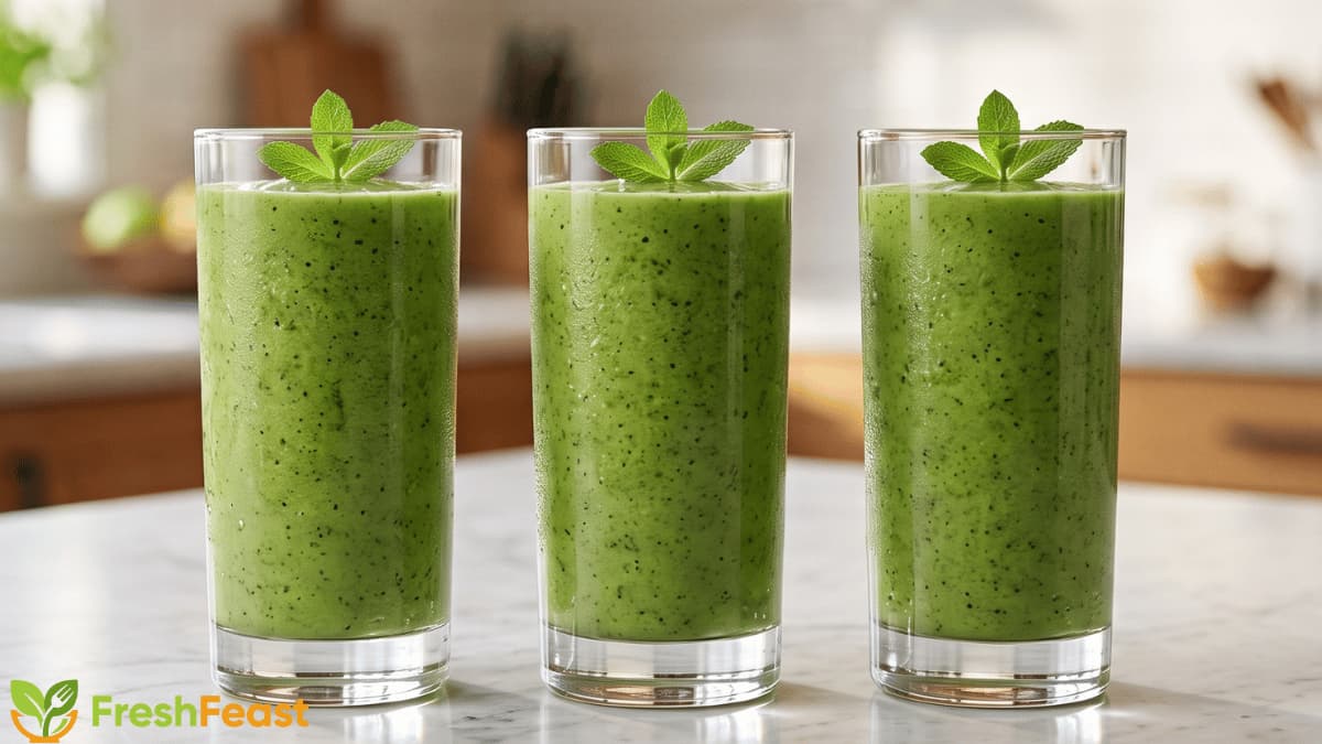 Healthy green smoothie in a clear glass made with spinach, banana, avocado, and kiwi, served on a white marble countertop.