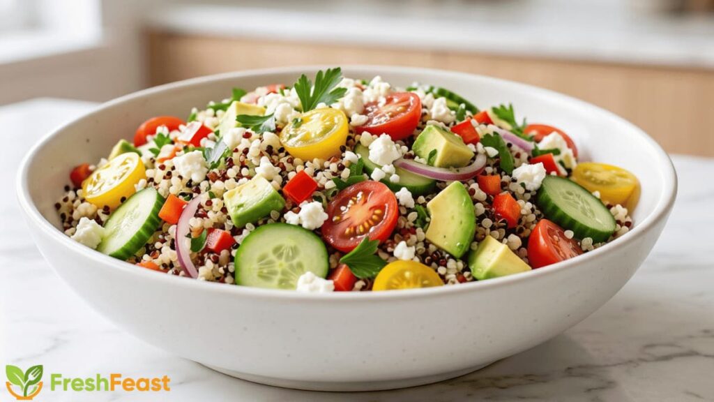 Healthy quinoa salad with avocado, cherry tomatoes, cucumber, red onion, parsley, feta cheese, and tri-color quinoa in a white bowl.