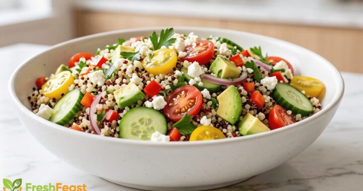 Healthy quinoa salad with avocado, cherry tomatoes, cucumber, red onion, parsley, feta cheese, and tri-color quinoa in a white bowl.