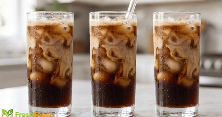 Homemade iced coffee in a clear glass with ice cubes, creamy milk swirl, and a glass straw on a white marble countertop.