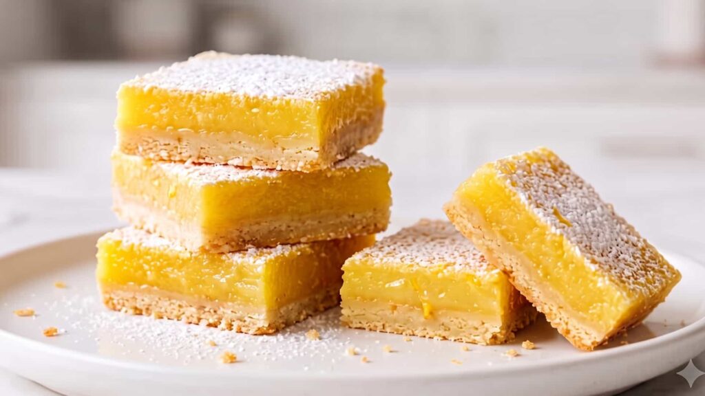 A stack of four homemade lemon bars and two cut pieces dusted with powdered sugar on a white ceramic plate, featuring the FreshFeast logo in the corner.