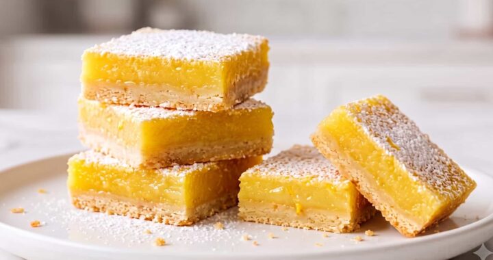 A stack of four homemade lemon bars and two cut pieces dusted with powdered sugar on a white ceramic plate, featuring the FreshFeast logo in the corner.