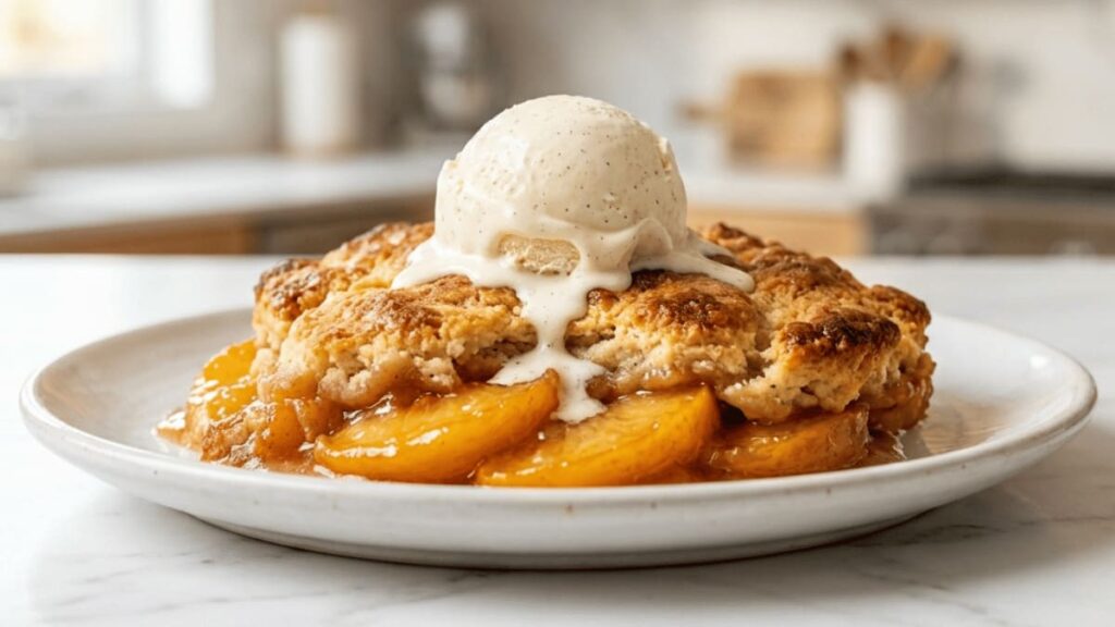 Homemade peach cobbler with a golden buttery crust and juicy peaches topped with a scoop of melting vanilla ice cream on a white plate.