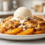 Homemade peach cobbler with a golden buttery crust and juicy peaches topped with a scoop of melting vanilla ice cream on a white plate.