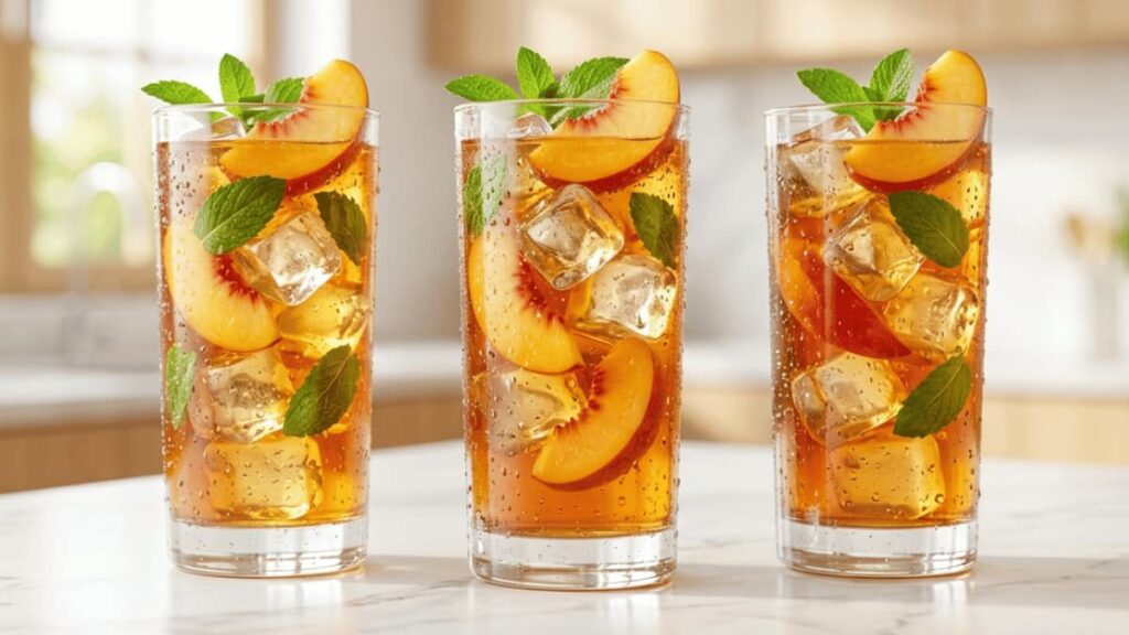 Refreshing homemade peach iced tea served in a tall glass with ice cubes, fresh peach slices, and mint leaves.