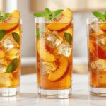 Refreshing homemade peach iced tea served in a tall glass with ice cubes, fresh peach slices, and mint leaves.