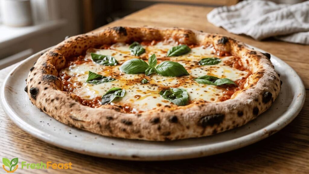 Homemade pizza with a crispy golden crust, melted mozzarella cheese, fresh basil, and tomato sauce served on a white plate.