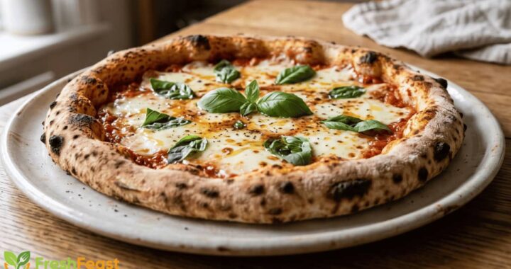 Homemade pizza with a crispy golden crust, melted mozzarella cheese, fresh basil, and tomato sauce served on a white plate.